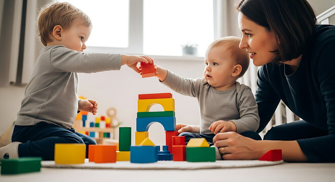 Toddlers Playing with Colorful Building Blocks A Mother's Joyful Moment