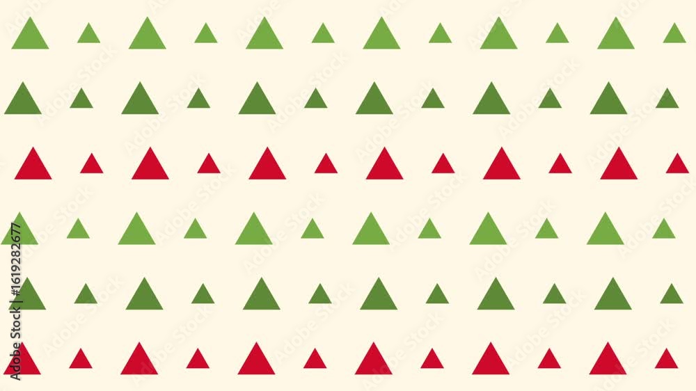 Poster a seamless animation of green and red triangles arranged in a repeating pattern on a cream backgroun