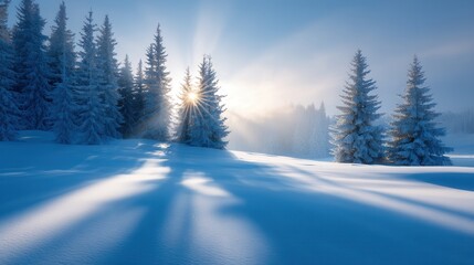 Winter Sunrise: Serene winter landscape bathed in the ethereal glow of the rising sun, casting long shadows across a pristine expanse of snow.