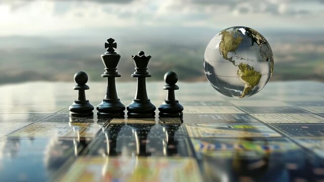 Strategic chess pieces and a globe on a game board symbolizing global strategy and decision-making