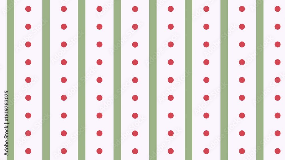 Poster a repeating pattern of red dots and green stripes on a white background