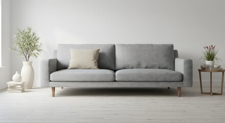 Modern Living Room Interior with Grey Sofa and Plants