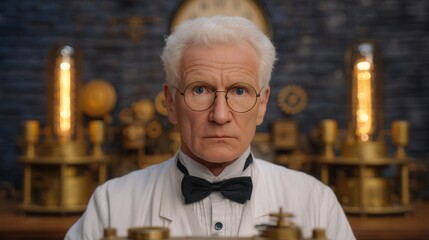 Introspective Inventor: An elderly inventor, a portrait of focused intellect and timeless style, peers intently from within his workshop, surrounded by curious devices and machinery.