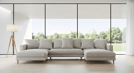 Modern Living Room Interior with Large Sofa and Window View