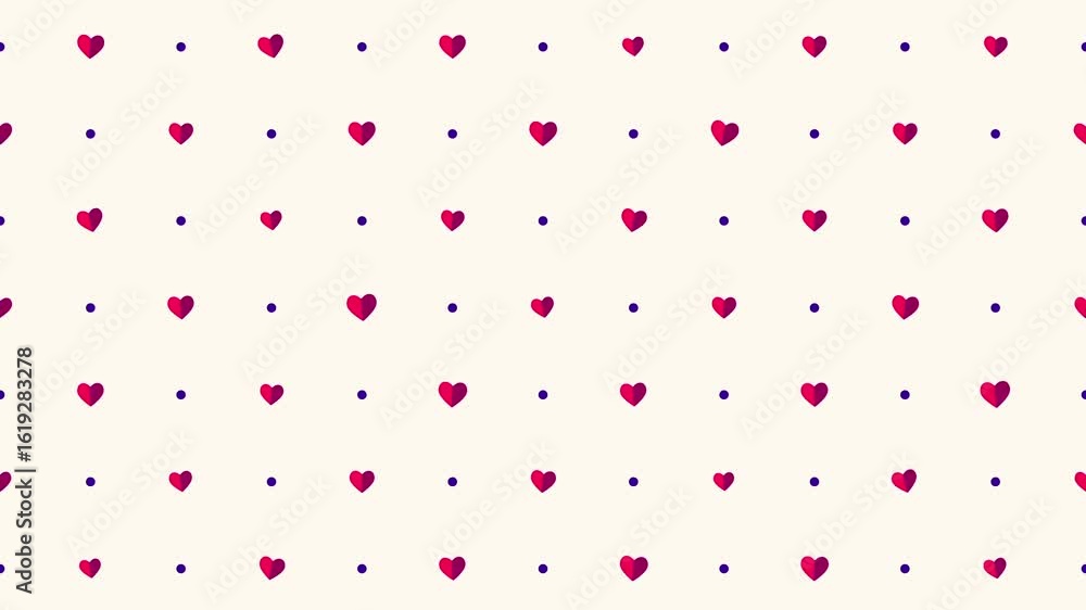 Poster pink hearts and blue dots move in a repeating pattern against a white background