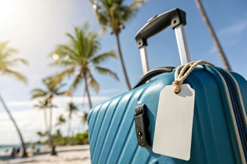 Blue suitcase with paper tag on tropical beach. Sunny summer vacation concept with palm trees, ocean, sand, sky, and travel luggage. Perfect holiday travel image.