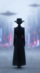 Silent Observer in a Futuristic City: A lone figure, cloaked in mystery and wearing a hat, stands still.