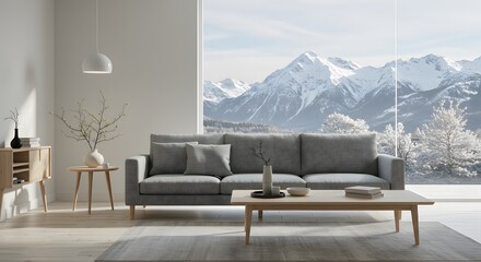 Modern Living Room Interior with Mountain View