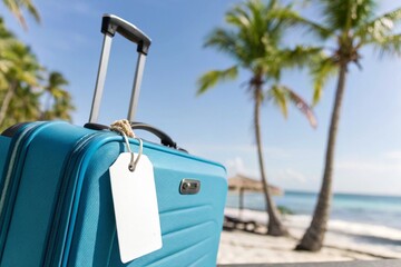 Blue suitcase with paper tag on tropical beach. Sunny summer vacation concept with palm trees, ocean, sand, sky, and travel luggage. Perfect holiday travel image.