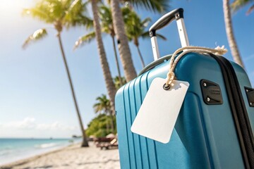 Blue suitcase with paper tag on tropical beach. Sunny summer vacation concept with palm trees, ocean, sand, sky, and travel luggage. Perfect holiday travel image.