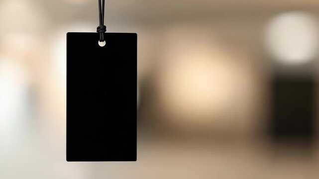 Black blank tag hanging string detail on blurred background scene