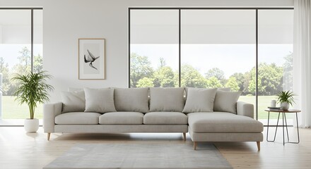 Modern Living Room Interior with Sofa and Large Windows