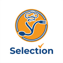 Selection Logo Featuring Chef Hat Fork and Spoon Inside an Orange Circle Giving Off a Restaurant and High Quality Feel