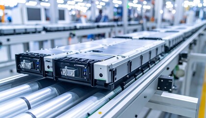Automated assembly line showcasing multiple rectangular units moving along a conveyor belt system in a clean, modern factory setting