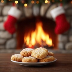 Cozy Christmas Treats: A plate of warm cookies sits invitingly before a crackling fireplace adorned with festive decorations, capturing the essence of holiday cheer and culinary delight.