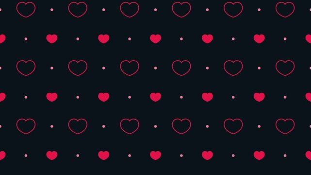 A repeating pattern of pink hearts with pink dots on a black background, the hearts are outlined in white