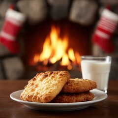 Cozy Christmas Treats: A trio of golden cookies, perfectly crisp, sit beside a glass of fresh milk. In the background, a warm fire dances invitingly in the hearth, complemented by festive stockings.