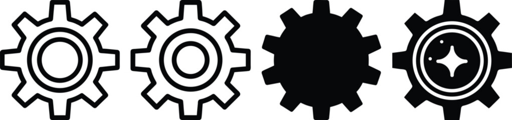 Four black and white gear icons with different styles and details cogwheel mechanical