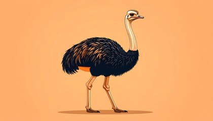 Illustration of a stately ostrich with detailed feathering against a solid backdrop