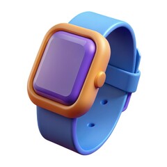 Stylized 3d render of a modern smartwatch with purple screen and blue band isolated on white background