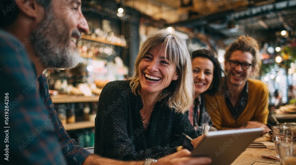Poster medium shot of a small group at a table laughing during an interactive language game with one person