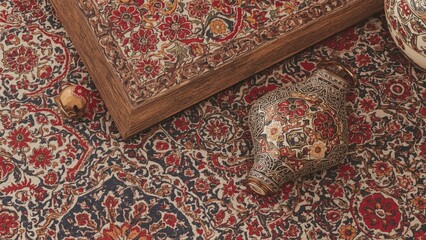 Intricate Patterned Rug with Decorative Elements and a Vase
