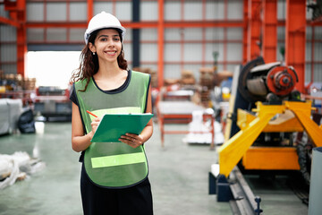 Engineer or worker writing on clipboard beside machine in the factory