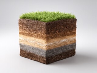 Layered Earth Cube: An innovative visual representation, showcasing the intricate layers of the earth, topped with vibrant green grass. Capturing the essence of earth, science, and eco-friendliness.