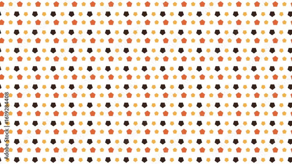 Poster a repeating pattern featuring orange and yellow five-pointed stars and black hexagons on a white bac