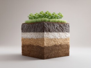 Earth's Core Section: An abstract view of earth's core layers, meticulously presented in a cube format, with vibrant green grass atop, representing the depth of the planet.