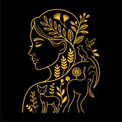 Elegant profile of a woman with nature elements, birds, and animals.