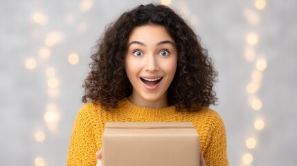 Gift of Astonishment: A young woman's eyes widen with joyous surprise as she receives a gift box. Her expression and open mouth convey excitement and wonderment.