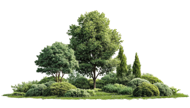 Lush green trees and shrubs on a grassy knoll