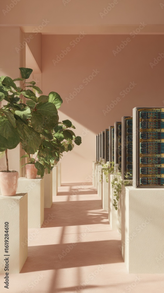 Poster modern high-quality crypto mining farm with advanced server racks and greenery authentic tech conten