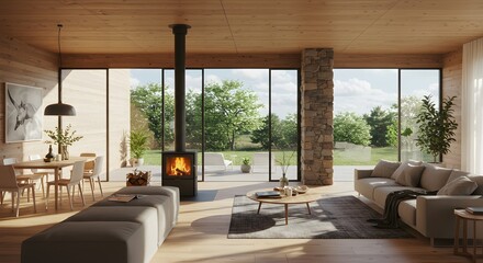 Modern Luxury Living Room Interior with Fireplace and Large Windows