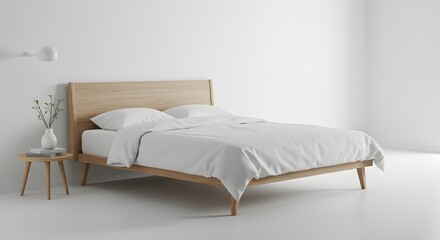 Modern Minimalist Bedroom Interior with Wooden Bed and White Linens