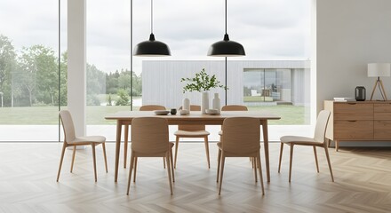 Modern Minimalist Dining Room Interior with Large Windows and Natural Light