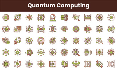 A collection of diverse quantum computing icons featuring abstract elements, symbols, and graphics in soft colors, ideal for tech and education themes.