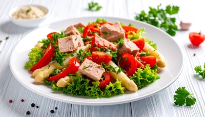 Nutritious and Colorful Tuna Salad with Asparagus, Tomatoes, and Lettuce on White Plate