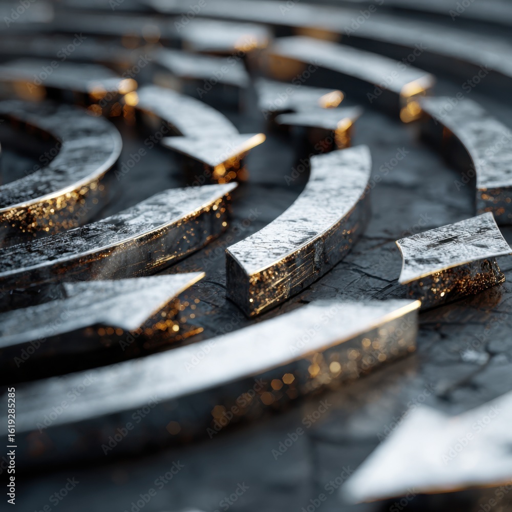 Poster intricate metallic maze features various arrows pointing in different directions on a textured surfa
