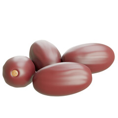 Three glossy dates isolated on white background, ideal for illustrating healthy snacks, natural desserts, and Middle Eastern food ingredients.

