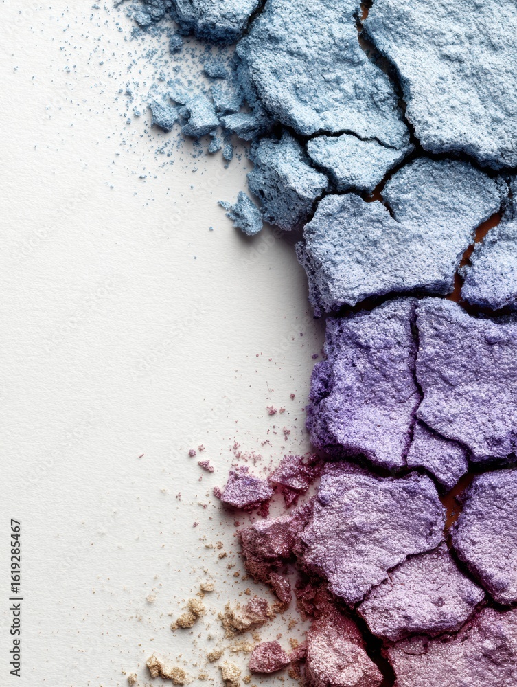 Poster cracked powder and shattered pigments create an abstract texture with vibrant color gradients on a c