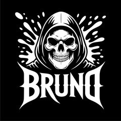 A stark black and white illustration of a skull wearing a hooded cloak, with the name 