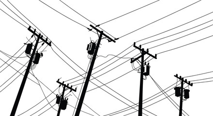 Multiple electric utility poles silhouette, black power lines, transformer boxes, urban energy infrastructure, high voltage cables, vector art, white background illustration