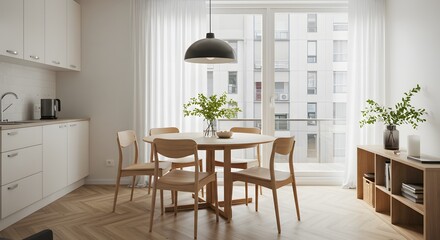Modern Scandinavian Kitchen Interior with Dining Table and City View