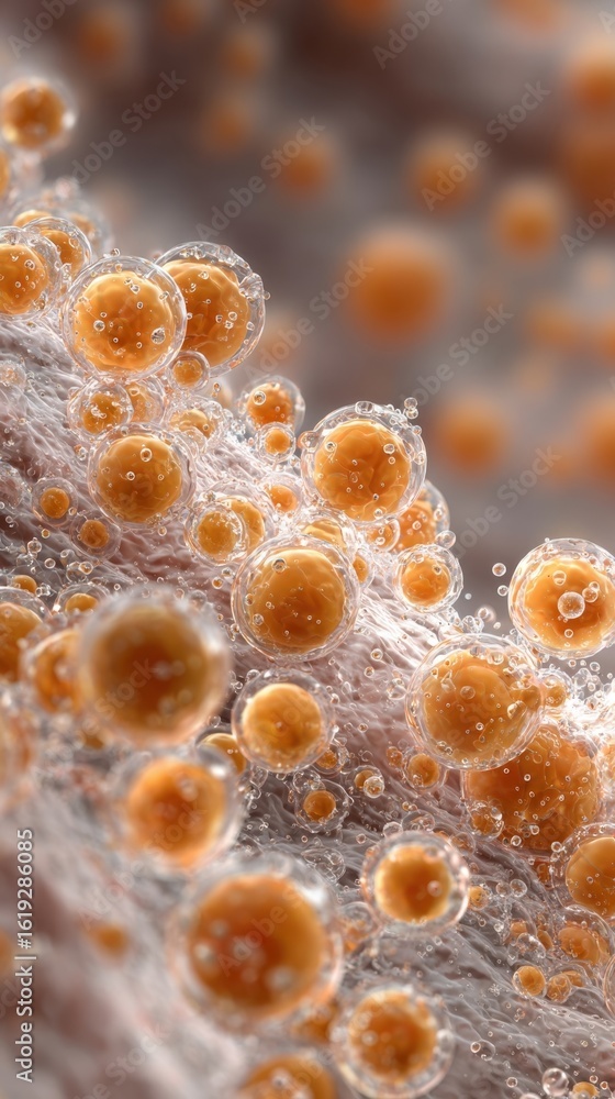 Poster detailed macro view of clusters of fragile pustules bursting on irritated skin releasing fluid in a 