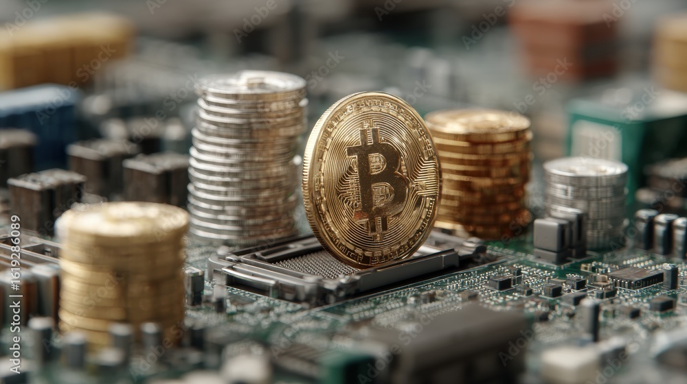 Poster premium bitcoin crypto mining technology concept with digital currency stack on cpu for modern inves