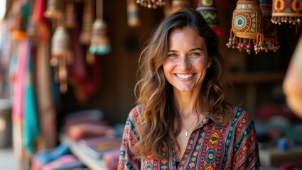 Smiling Woman in Colorful Clothing Amidst Traditional Market Stalls