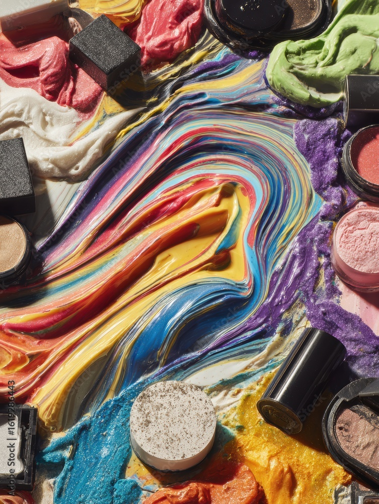 Poster colorful swirls of makeup products displayed on a mirror with empty upper section for creative inspi