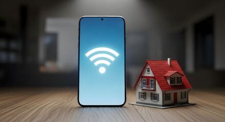 Smart home and internet of things. Smartphone and miniature house on wood table.